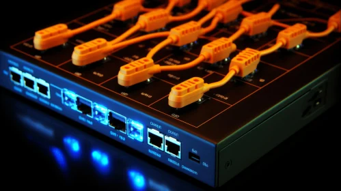 Black Device with Orange and Blue Cables | QSFP 10G | Data Center Image Black Device with Orange and Blue Cables | QSFP 10G | Data Center Image