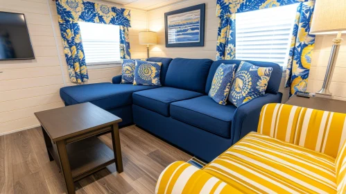 Coastal-Themed Living Room with Blue and White Striped Walls Coastal-Themed Living Room with Blue and White Striped Walls