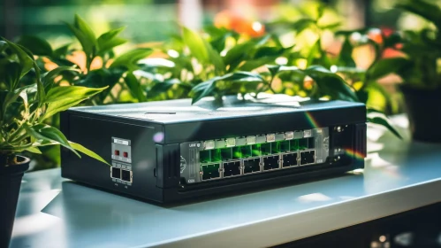 Black Electronic Device with Indicator Lights on White Table Black Electronic Device with Indicator Lights on White Table