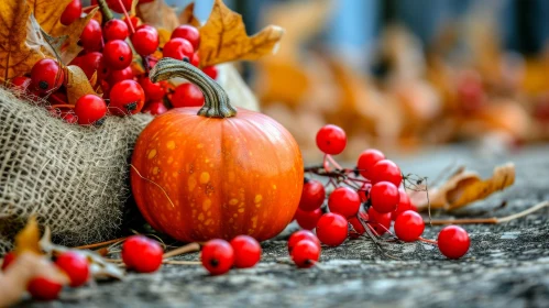 Captivating Still Life: Pumpkin and Red Berries on Wooden Table Captivating Still Life: Pumpkin and Red Berries on Wooden Table