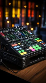 Sleek Black DJ Mixer on Wooden Table Sleek Black DJ Mixer on Wooden Table