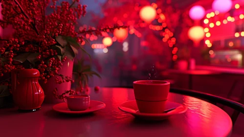 Captivating Still Life: Red Coffee Cup and Saucer on Wooden Table Captivating Still Life: Red Coffee Cup and Saucer on Wooden Table