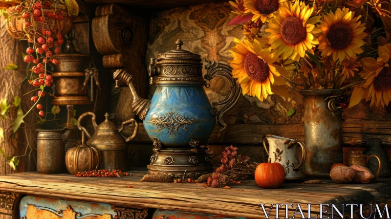 Captivating Still Life: Blue Teapot, Sunflowers, and Pumpkin on Wooden Table Captivating Still Life: Blue Teapot, Sunflowers, and Pumpkin on Wooden Table
