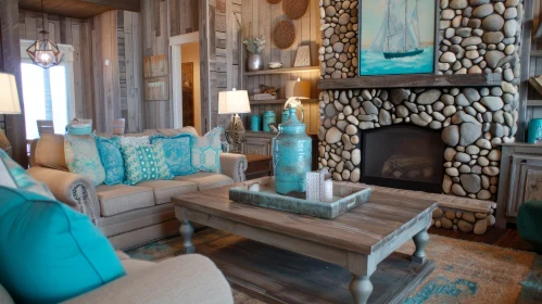 Cozy Coastal Living Room with Stone Fireplace and Sailboat Painting Cozy Coastal Living Room with Stone Fireplace and Sailboat Painting