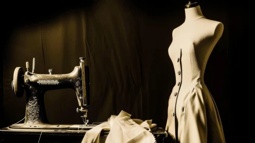 Vintage Sewing Machine and Mannequin in Dimly Lit Room Vintage Sewing Machine and Mannequin in Dimly Lit Room