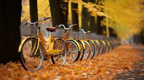 Yellow Bicycles Parked in Autumn - Nature Scene Yellow Bicycles Parked in Autumn - Nature Scene