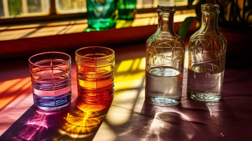 Still Life with Glass Bottles and Glasses of Water on Wooden Table Still Life with Glass Bottles and Glasses of Water on Wooden Table