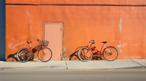 Urban Scene: Red Bicycles Against Peach Wall Urban Scene: Red Bicycles Against Peach Wall