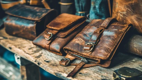 Handmade Leather Bags and Pencil Case on Wooden Table Handmade Leather Bags and Pencil Case on Wooden Table