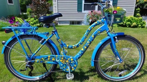 Charming Blue Bicycle Parked in Front of a Gray House Charming Blue Bicycle Parked in Front of a Gray House