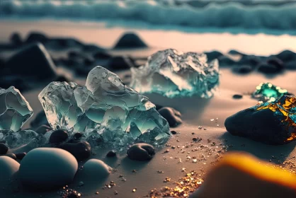 Ice Rocks on Sandy Ground: Photorealistic Fantasies in Amber and Cyan Ice Rocks on Sandy Ground: Photorealistic Fantasies in Amber and Cyan