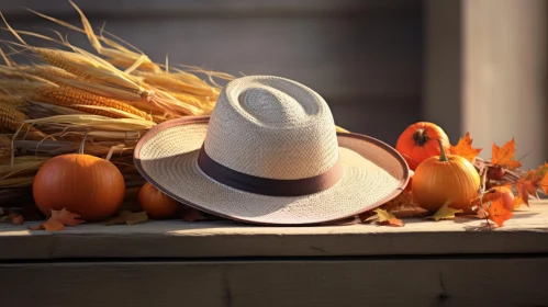 Rustic Still Life with Straw Hat, Pumpkin, and Corncob Rustic Still Life with Straw Hat, Pumpkin, and Corncob