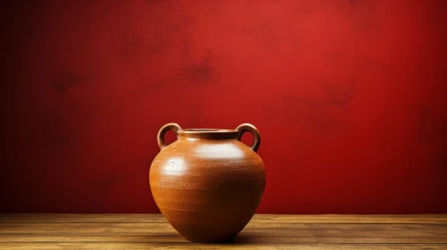 Clay Jug Still Life on Wooden Table with Red Background Clay Jug Still Life on Wooden Table with Red Background