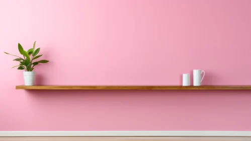 Tranquil Pink Wall with Wooden Shelf and Potted Plant Tranquil Pink Wall with Wooden Shelf and Potted Plant