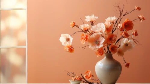 Tranquil Still Life: Delicate Flowers in Off-White Vase on Wooden Table Tranquil Still Life: Delicate Flowers in Off-White Vase on Wooden Table