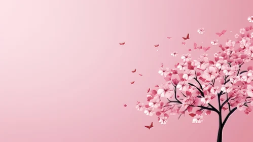 Cherry Blossom Tree and Butterflies on Pink Background Cherry Blossom Tree and Butterflies on Pink Background