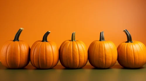 Five Pumpkins on Green Surface Against Orange Background Five Pumpkins on Green Surface Against Orange Background