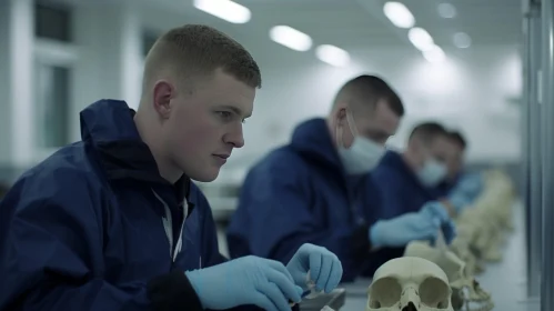 Meticulous Military Scenes: Three Men Working on Skulls in a Lab Meticulous Military Scenes: Three Men Working on Skulls in a Lab