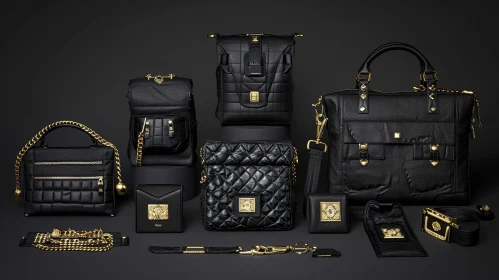 Luxurious Collection of Black Leather Bags and Accessories with Gold Hardware Luxurious Collection of Black Leather Bags and Accessories with Gold Hardware