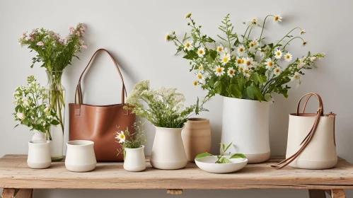 Wooden Table with Vases and Flowers: A Captivating Composition Wooden Table with Vases and Flowers: A Captivating Composition