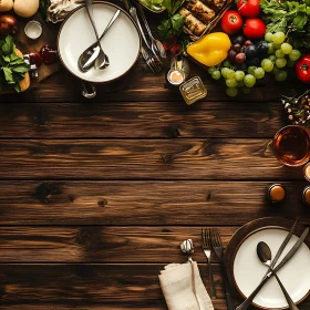 Wooden Table with Food and Dishes Wooden Table with Food and Dishes
