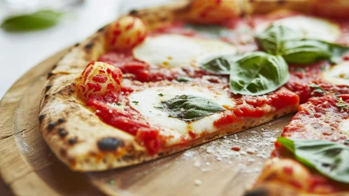 Delicious Pizza on Wooden Board | Fresh Basil and Cheese Delicious Pizza on Wooden Board | Fresh Basil and Cheese