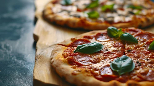 Tempting Pizzas on a Wooden Board - Delectable Pepperoni and Mushroom Delights Tempting Pizzas on a Wooden Board - Delectable Pepperoni and Mushroom Delights