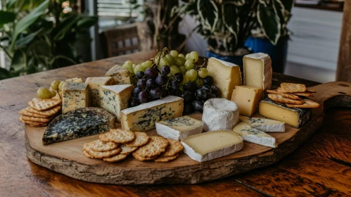 Cheeses, Grapes, and Crackers on a Wooden Board - A Visual Delight Cheeses, Grapes, and Crackers on a Wooden Board - A Visual Delight